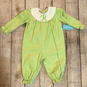 soft NWT Lime green 12 M, button romper, boutique embroidered with letter ‘R’